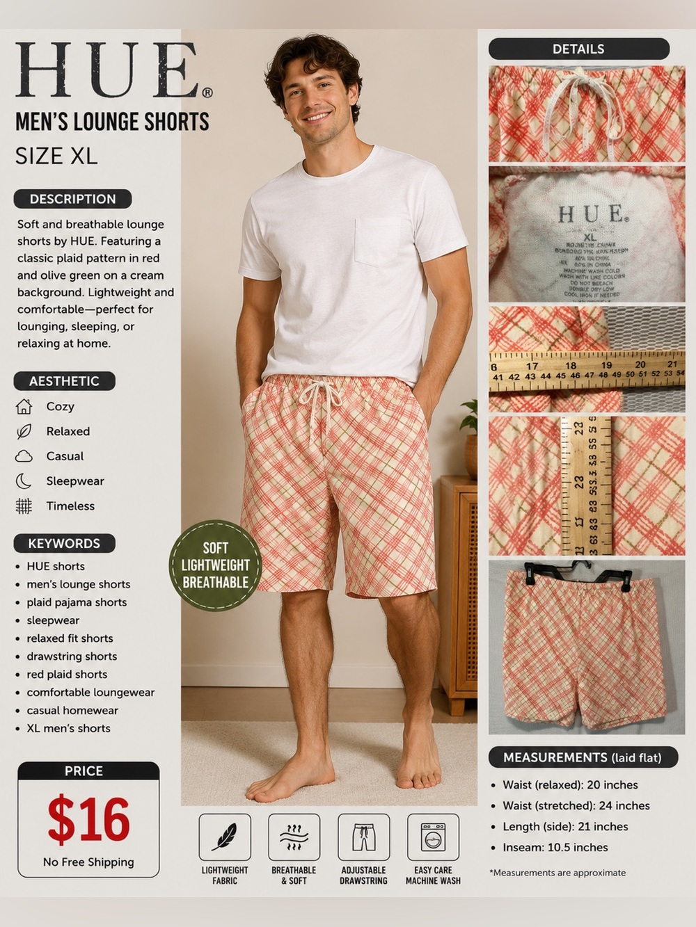 HUE Coral and Cream Plaid Drawstring Shorts